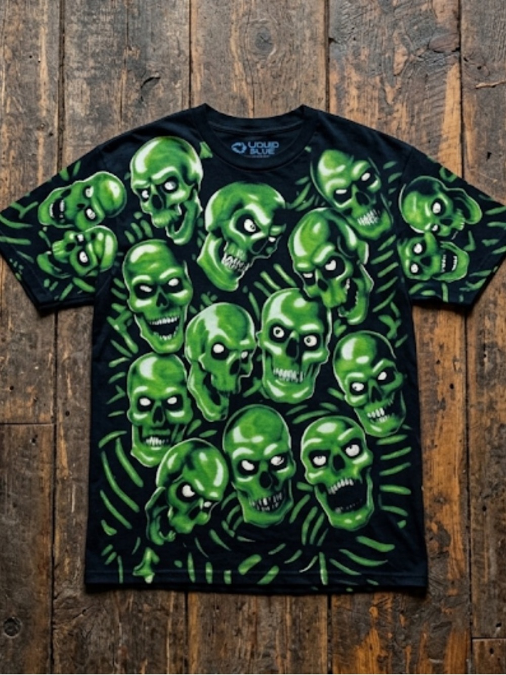 Liquid blue green skulls, AOP shirt misprint